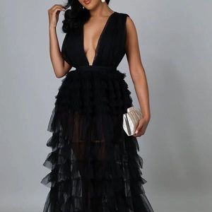 Black Tulle Maxi Ruffle prom Dress